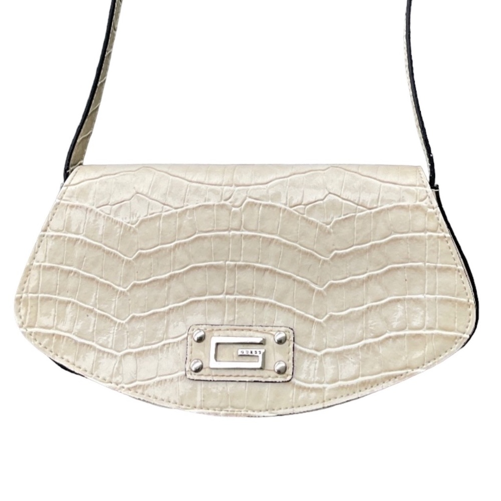 GUESS Mini Handbag Gloss Patent Leather Croc Embossed Pearl Cream Color …